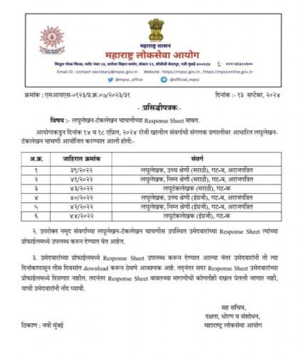 MPSC लघुलेखन-टंकलेखन चाचणीच्या Response Sheet उपलब्ध, डाउनलोड करा!